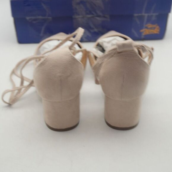 NEW Heel The World Women's 9 Nude Tan Beige Strappy Lace Up Chunky Heels - Picture 9 of 11